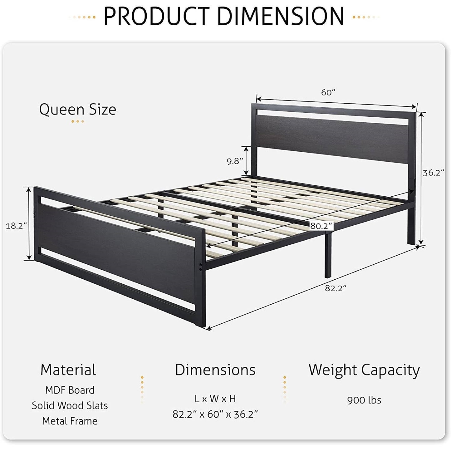 Full Black Metal Platform Bed Frame with Wood Panel Headboard and Footboard-4