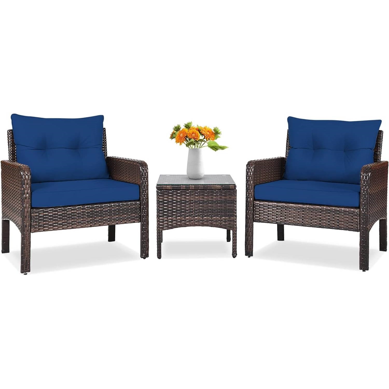 3-Piece Brown PE Rattan Outdoor Dining Patio Furniture Set with Blue Cushions-0