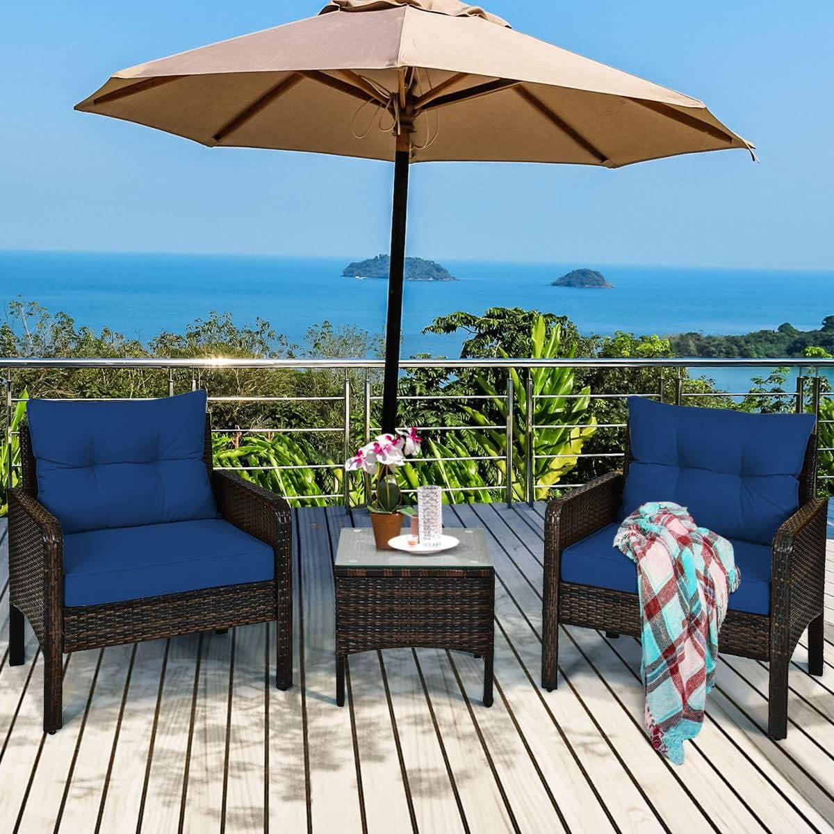 3-Piece Brown PE Rattan Outdoor Dining Patio Furniture Set with Blue Cushions-1