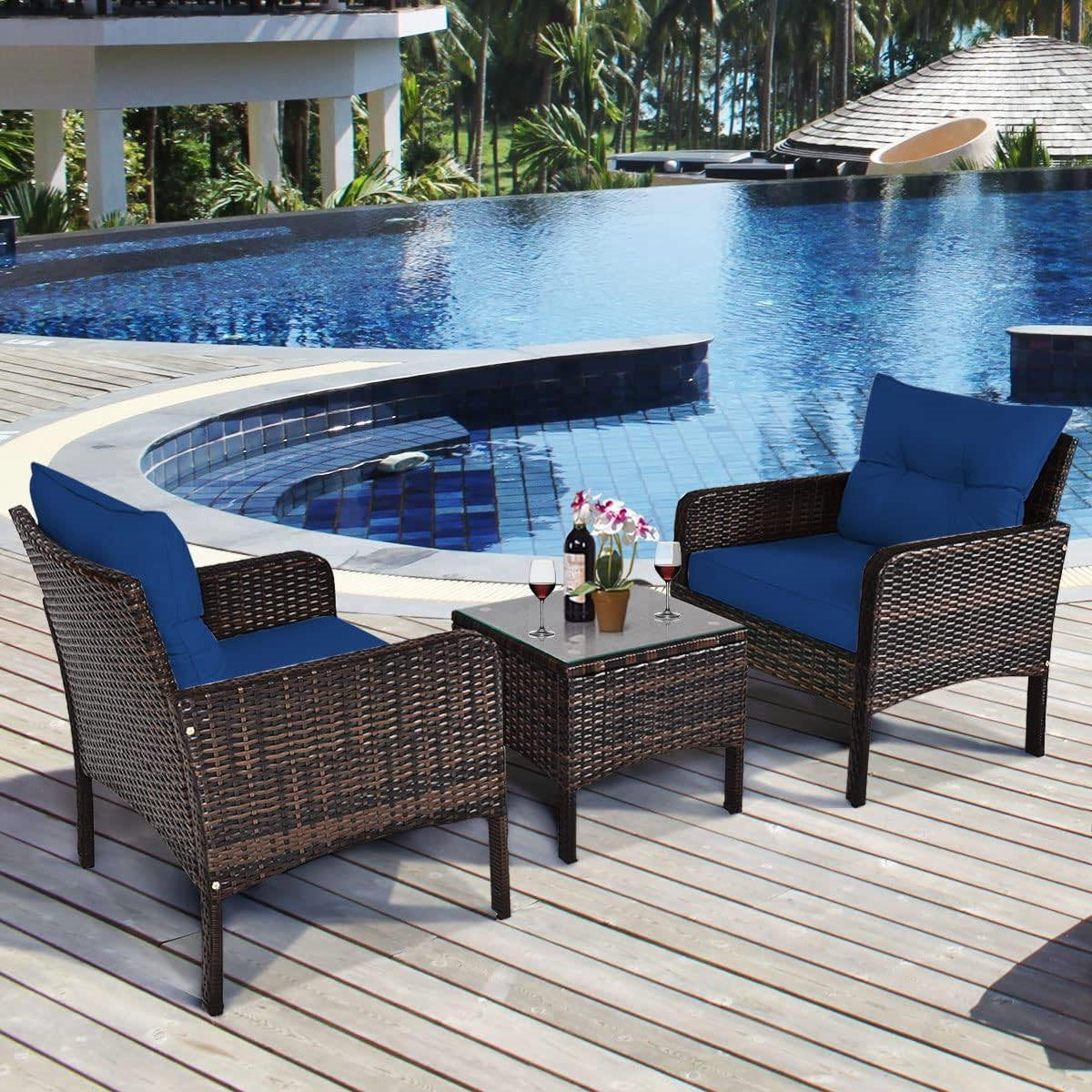 3-Piece Brown PE Rattan Outdoor Dining Patio Furniture Set with Blue Cushions-2