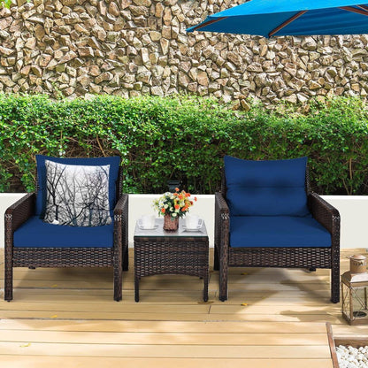 3-Piece Brown PE Rattan Outdoor Dining Patio Furniture Set with Blue Cushions-3