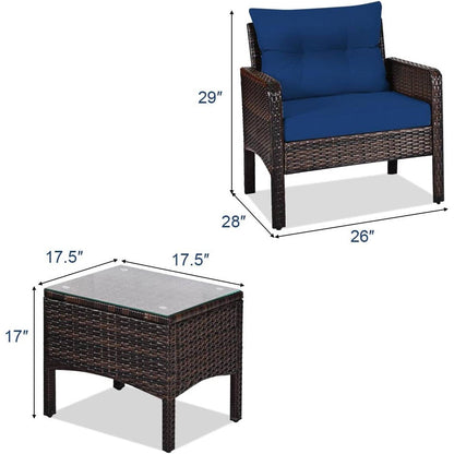 3-Piece Brown PE Rattan Outdoor Dining Patio Furniture Set with Blue Cushions-4