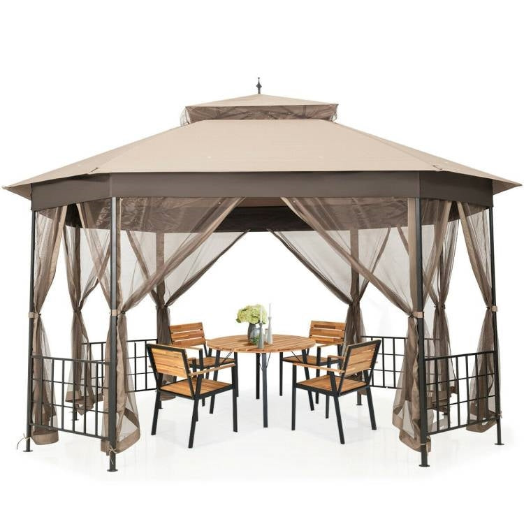 Outdoor 10 x 12 Ft Octagon Gazebo with Mosquito Net Sidewalls and Brown Canopy-0