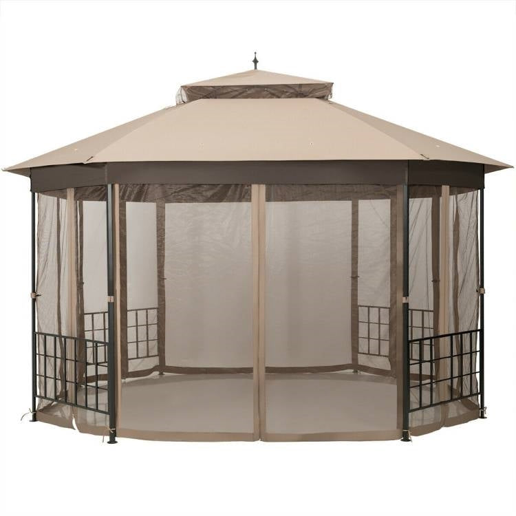 Outdoor 10 x 12 Ft Octagon Gazebo with Mosquito Net Sidewalls and Brown Canopy-1