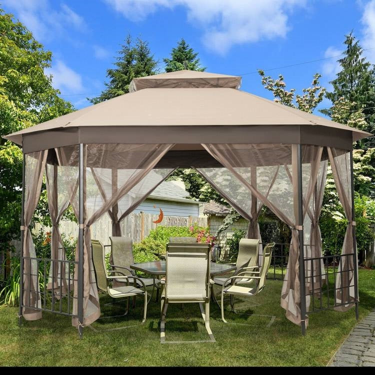 Outdoor 10 x 12 Ft Octagon Gazebo with Mosquito Net Sidewalls and Brown Canopy-3