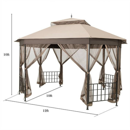 Outdoor 10 x 12 Ft Octagon Gazebo with Mosquito Net Sidewalls and Brown Canopy-4