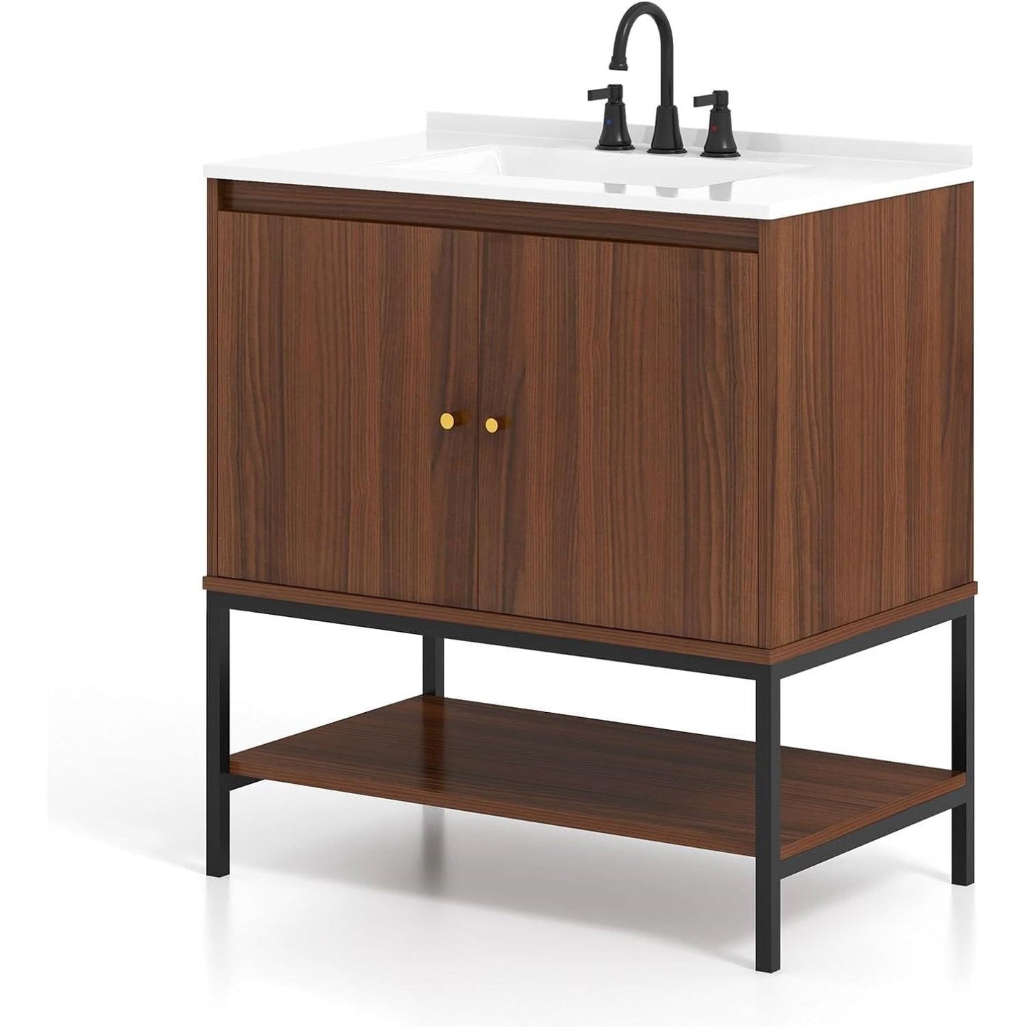 Modern Freestanding Bathroom Vanity in Walnut Wood Finish with Sink and Faucet-0