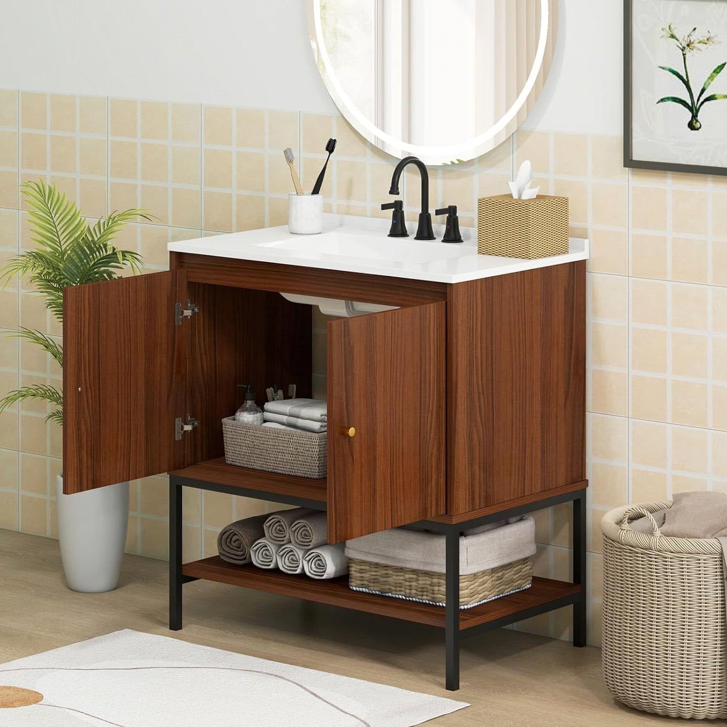 Modern Freestanding Bathroom Vanity in Walnut Wood Finish with Sink and Faucet-1