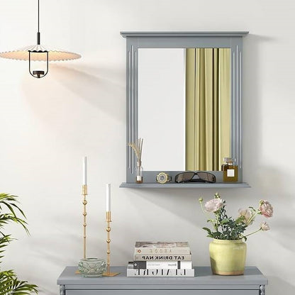 27-in x 22.5-in Bathroom Wall Mirror with Shelf in Gray Wood Finish-2