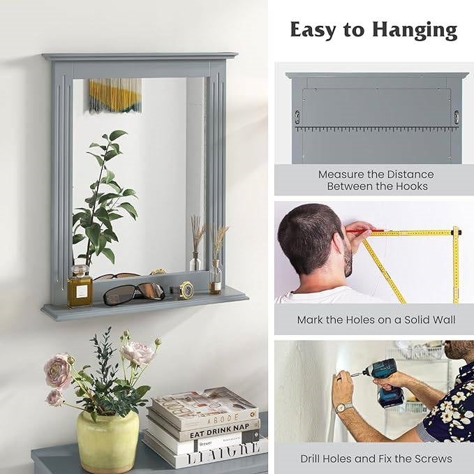 27-in x 22.5-in Bathroom Wall Mirror with Shelf in Gray Wood Finish-3