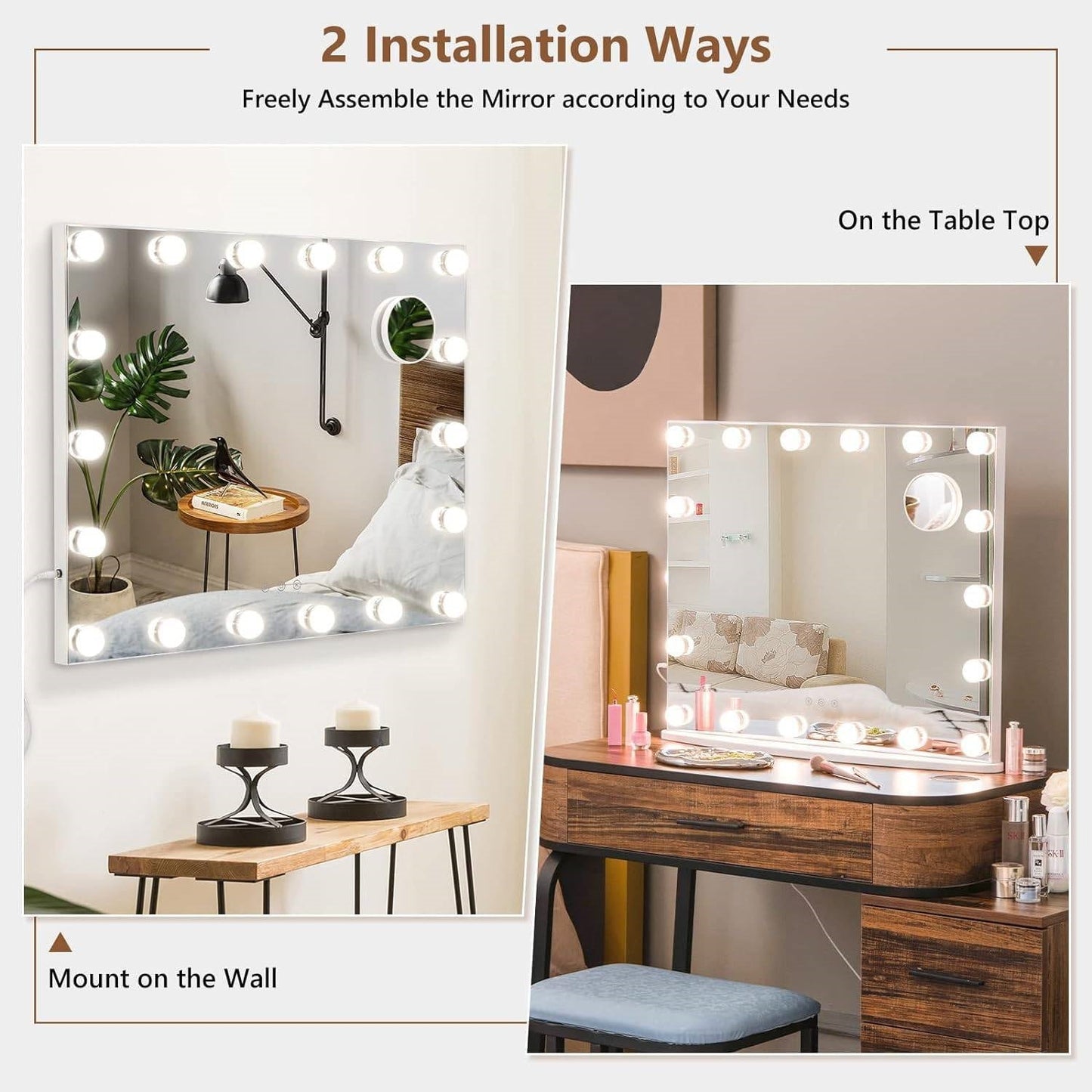 21 x 26 in Bathroom Mirror w/ Dimmable Lights + Removable 3X Magnifying Mirror-3