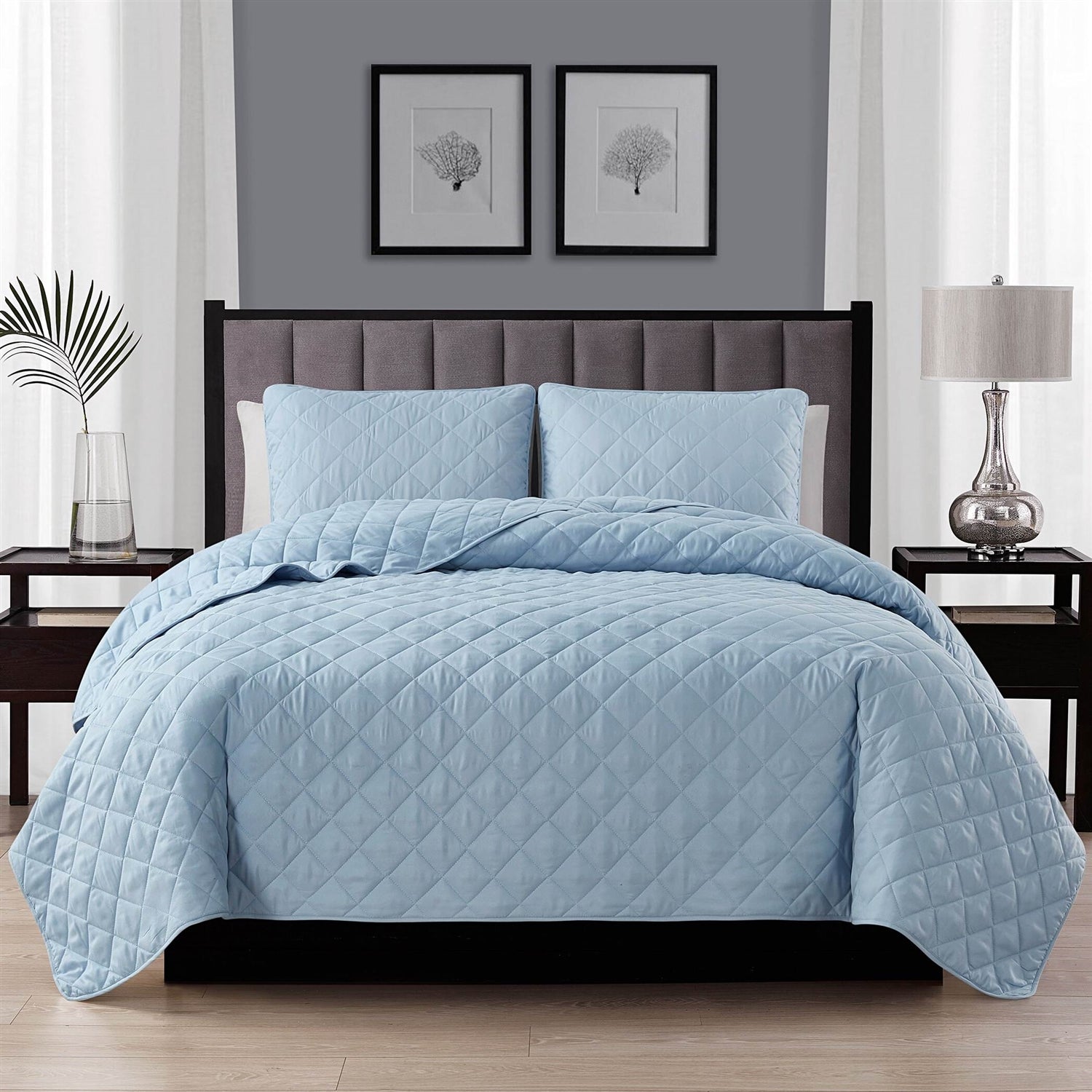 Twin/Twin XL 2-Piece Light Blue Microfiber Reversible Diamond Quilt Set-0