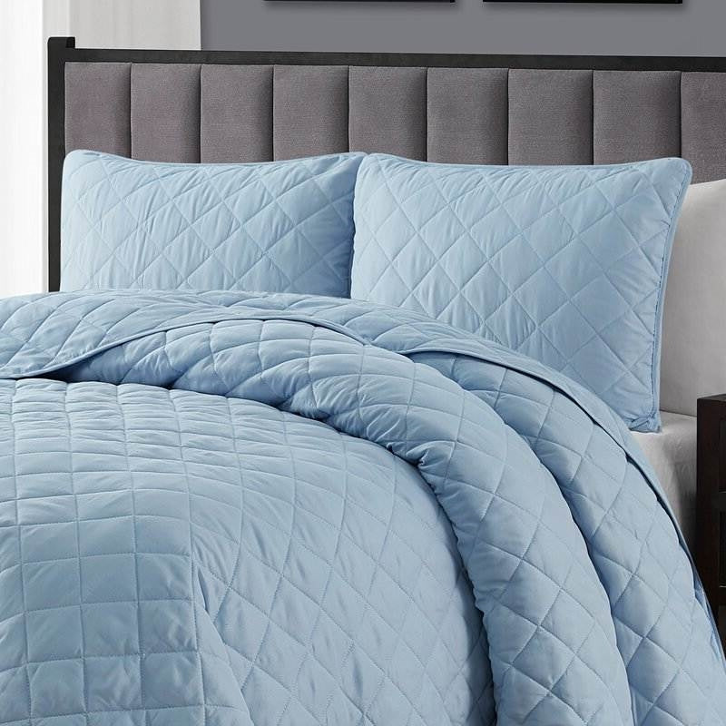 Twin/Twin XL 2-Piece Light Blue Microfiber Reversible Diamond Quilt Set-2