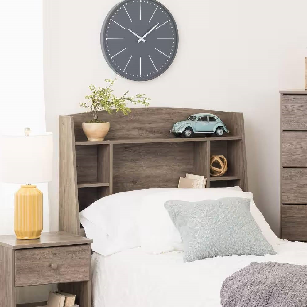 Twin size Modern Bookcase Headboard in Grey Brown Wood Finish-0