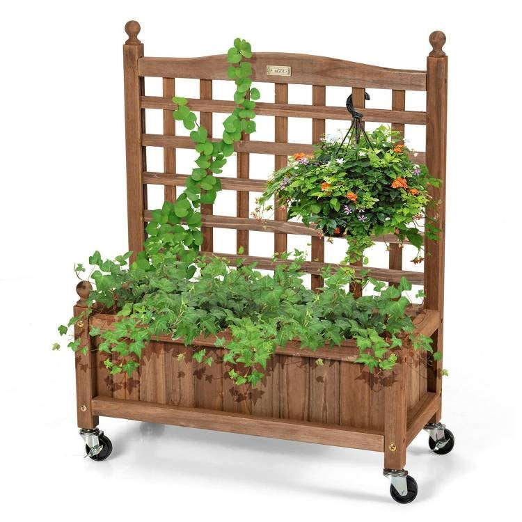 Solid Fir Wood Outdoor Raised Garden Bed Planter Box Cart on Wheels with Trellis-0