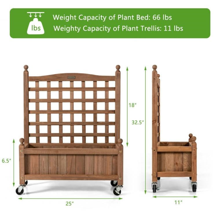 Solid Fir Wood Outdoor Raised Garden Bed Planter Box Cart on Wheels with Trellis-4