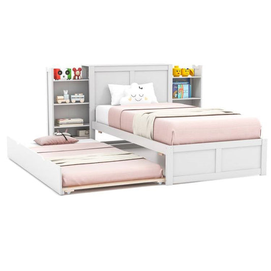 Twin/Full Wood Platform Bed w/ Trundle and Storage Bookcase Headboard in White-0