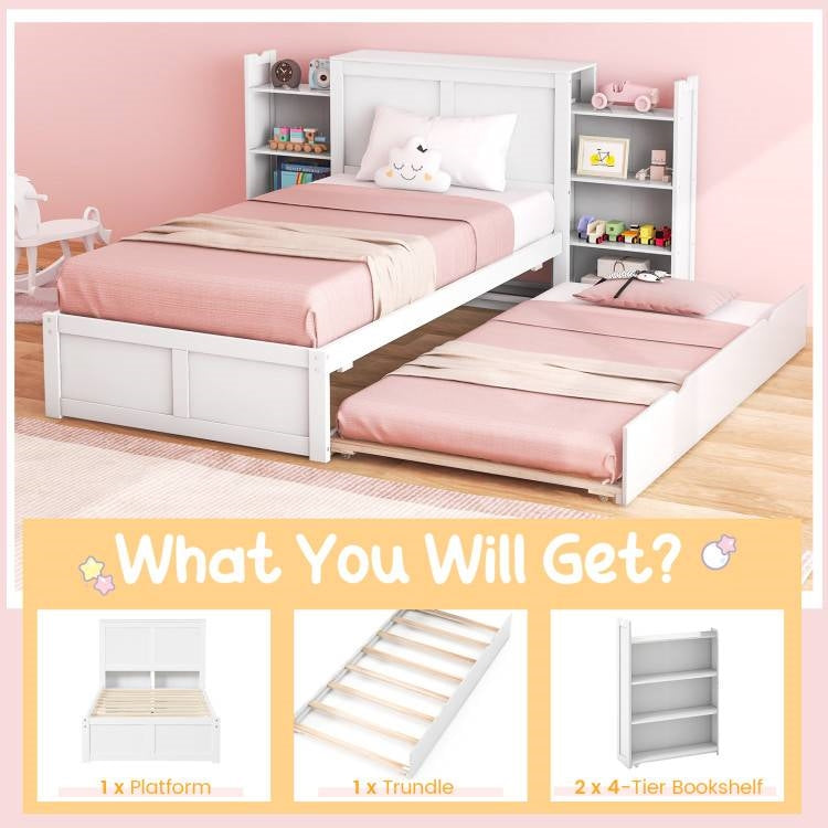 Twin/Full Wood Platform Bed w/ Trundle and Storage Bookcase Headboard in White-3