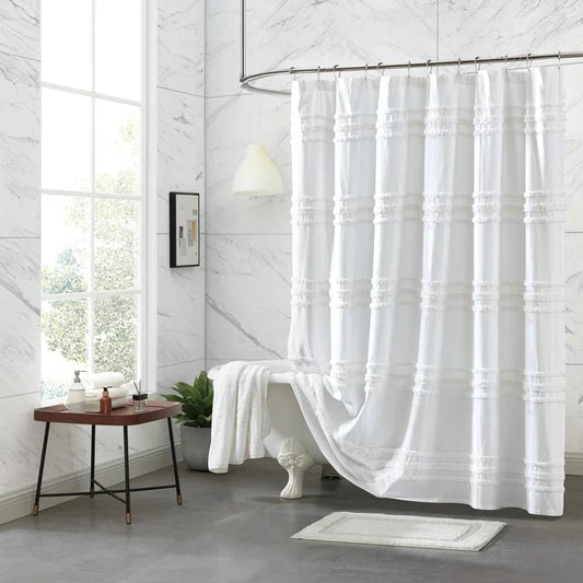 72-inch White Cotton Chenille Stripe Shower Curtain - Machine Washable-0