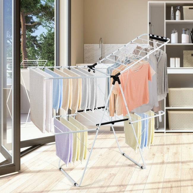 White 2 Level Foldable Clothes Drying Rack Adjustable Height-1