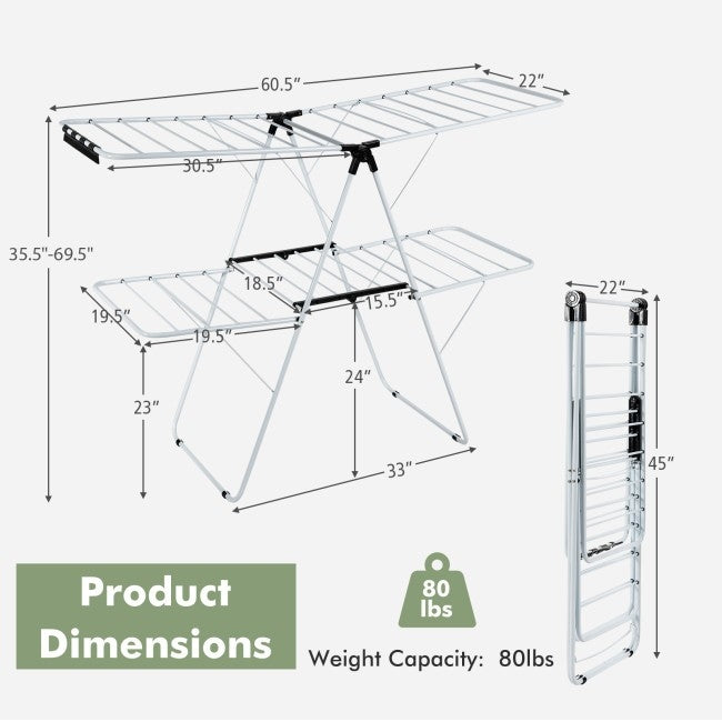 White 2 Level Foldable Clothes Drying Rack Adjustable Height-3