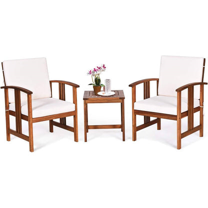 3-Piece Solid Wood Outdoor Patio Furniture Table Chairs Set with White Cushions-0