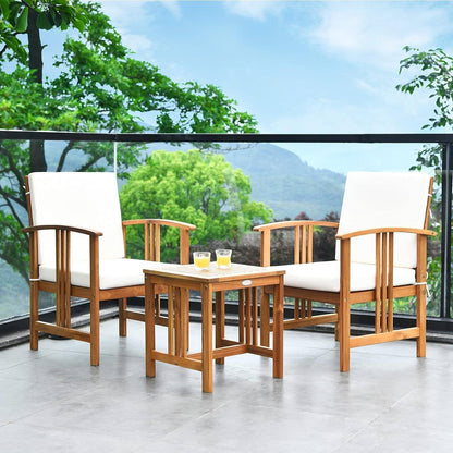 3-Piece Solid Wood Outdoor Patio Furniture Table Chairs Set with White Cushions-3