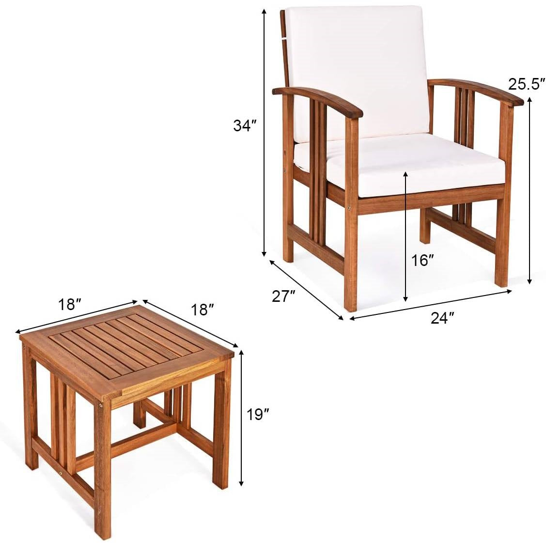 3-Piece Solid Wood Outdoor Patio Furniture Table Chairs Set with White Cushions-4