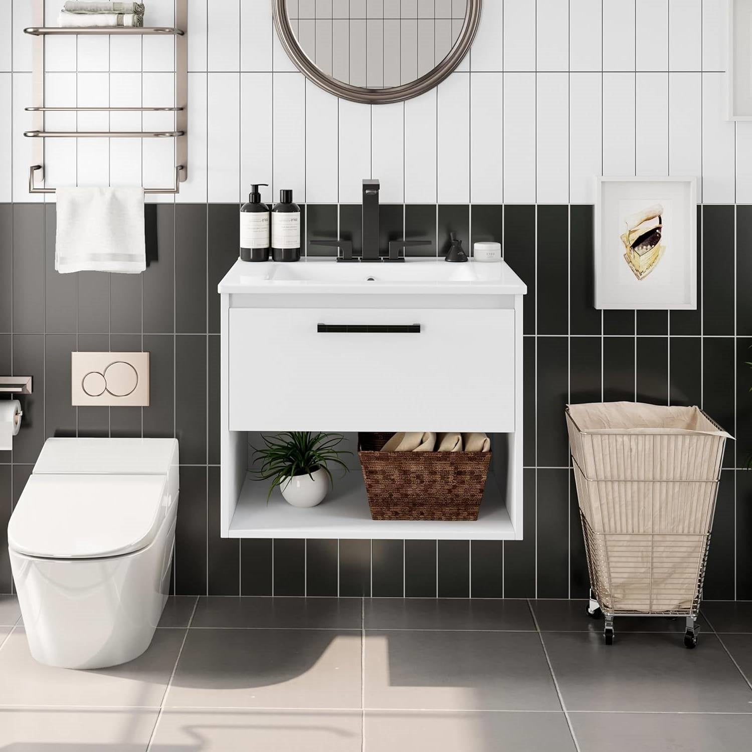 Modern Wall Mounted Bathroom Vanity in White Wood Finish with Ceramic Sink-1