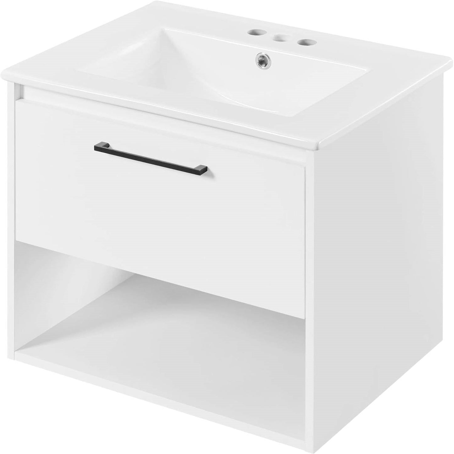 Modern Wall Mounted Bathroom Vanity in White Wood Finish with Ceramic Sink-2