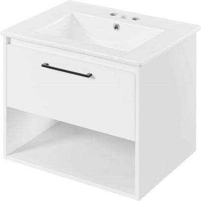 Modern Wall Mounted Bathroom Vanity in White Wood Finish with Ceramic Sink-2