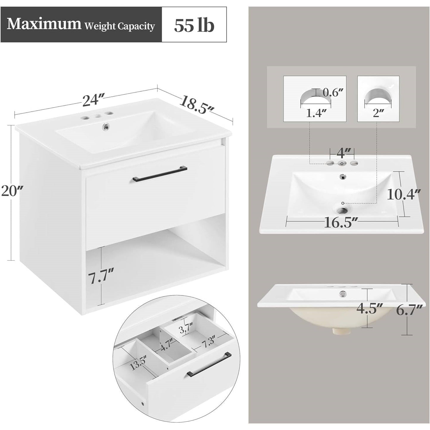 Modern Wall Mounted Bathroom Vanity in White Wood Finish with Ceramic Sink-4