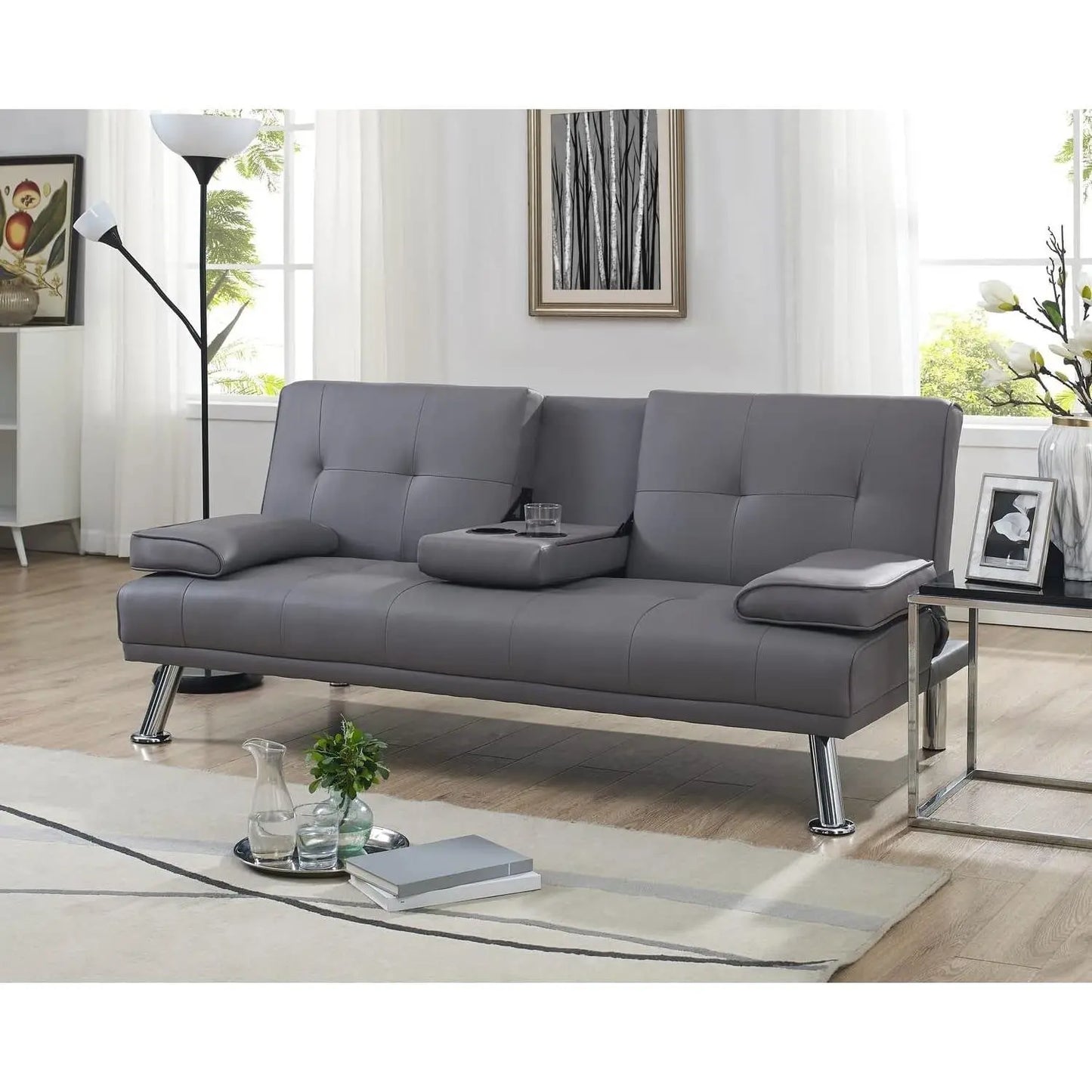 Modern Futon Sleep Sofa Bed Couch in Grey Faux Leather with Cup Holder-0