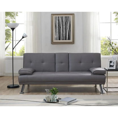 Modern Futon Sleep Sofa Bed Couch in Grey Faux Leather with Cup Holder-1