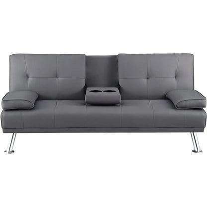 Modern Futon Sleep Sofa Bed Couch in Grey Faux Leather with Cup Holder-3