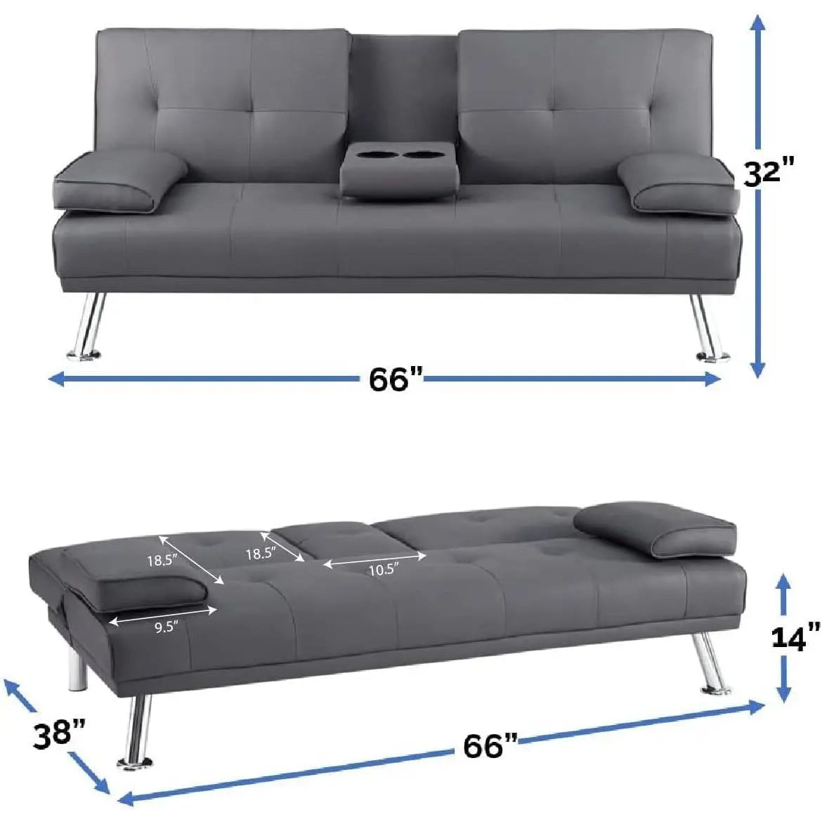 Modern Futon Sleep Sofa Bed Couch in Grey Faux Leather with Cup Holder-4