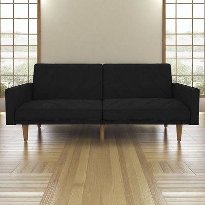 Black Mid-Century Modern Linen Upholstered Sofa Bed with Classic Wood Legs